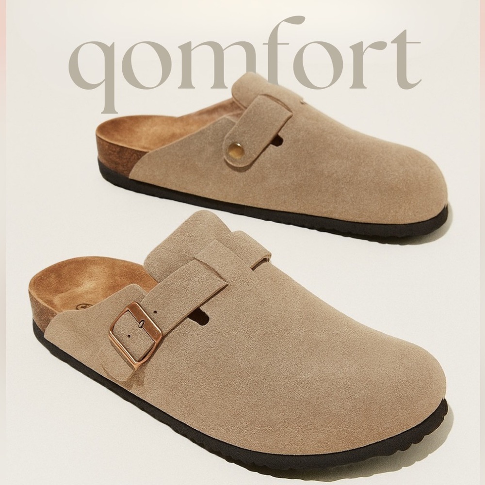 Qomfort Genuine Suede Clogs Taupe Adjustable Strap Women's Size 9 / 9.5 US | New